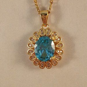 18K Yellow Gold Filled Blue Diamond Zircon Flower Pendant Necklace 2.54ctw Gift